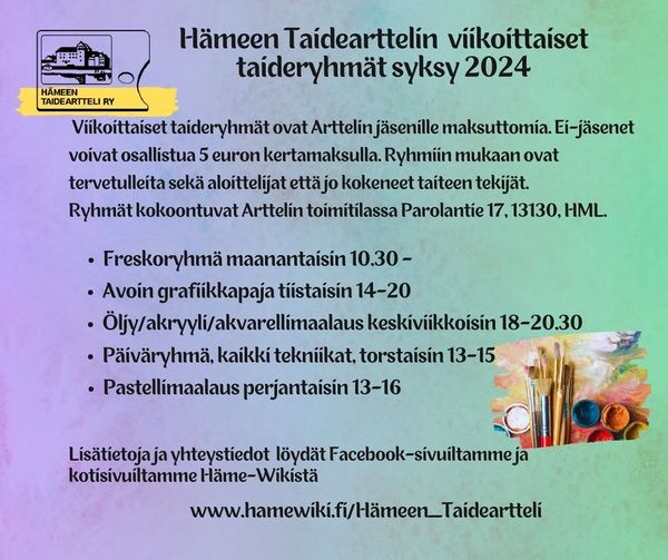 Arttelin viikoittaisten taideryhmien aikataulu syksy2024